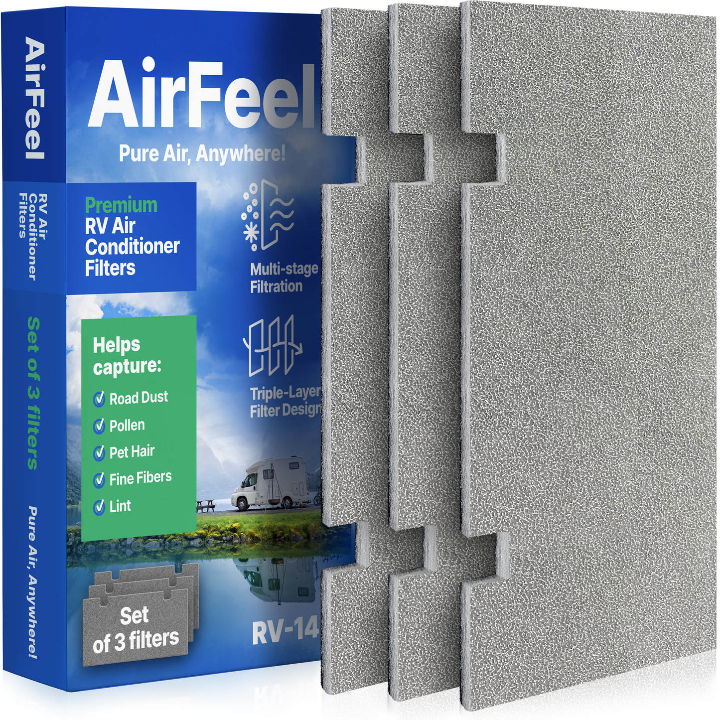 Premium RV AC Filter Replacement - Triple-Stage Air Filters for Dometic Duo Therm Air Conditioner - 7.5"x14" AC Filters for Camper, Motorhome, Travel Trailer, RV Fifth Wheel Must Haves Parts (3Filter)